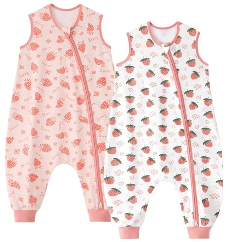 Unnivoll Baby Schlafsack mit Füßen 0,5 Tog Schlafsack Baby Sommer 2er Pack Baumwolle Schlafsack mit Beinen Babyschlafsack Weich 90 cm für Jungen Mädchen Rosa Erdbeere