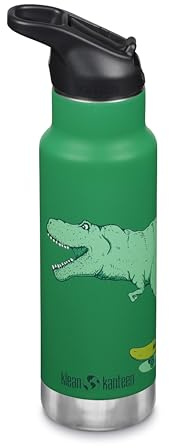 KLEAN KANTEEN Isolierte Kinderflasche, 355ml, mit Flip Sport Cap und Edelstahl-Trinkhalm, Grün/Dino Skate