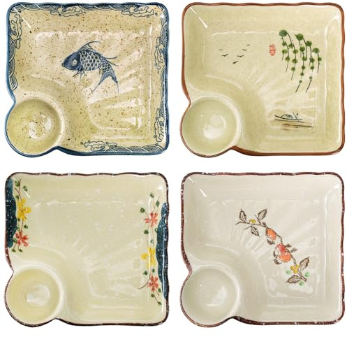 YIMITEE 4 Pack Ceramic Dumpling Plate with Dipping Saucer, 7.3 Inch Japanese Sushi Platter, Chip and Dip Plate, Divided Snack Serving Dish for Appetizer, Charcuterie, Dessert, Salad, Entertainment