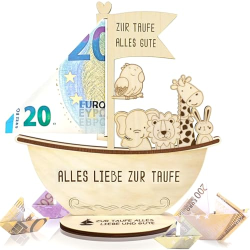 Taufgeschenke für Jungen und Mädchen mit LED Lichterkette, Alles Liebe zur Taufe, Holz Boot mit Basis, Geschenke Baby,Geburt Taufe Geldgeschenk, Geschenk zur Taufe Junge Mädchen (Beige)