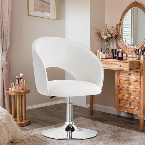 Ckaff Chaise de Coiffeuse, Tabouret de Maquillage, Chaise de Salle à Manger Pivotante, Tabouret de Bar Réglable en Hauteur, Fauteuil de Salon Relax Fauteuil de Cuisine avec Dossier et Socle, PU Blanc