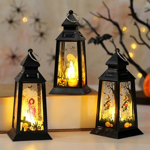 3 Pezzi Lanterne Halloween, LED Lanterna Strega e Zucca, Candele Lanterne Luce Calda , Addobbi Halloween Casa, Decorazioni Giardino