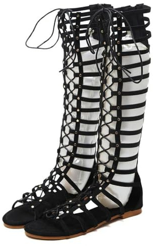 SYJYM - Sandalias planas de diseñador para mujer, con tiras, puntera abierta, hasta la rodilla, estilo gladiador, estilo romana, estilo casual