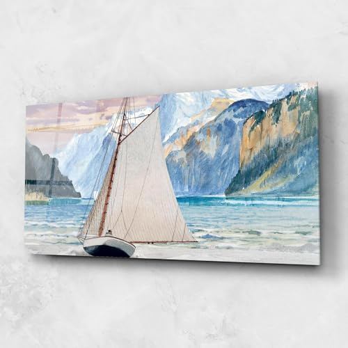 ARTHUB® Quadro in vetro 60x120 cm, 5mm temperato | Quadri moderni in vetro per soggiorno e camera da letto, decorazione da parete, arredamento d'interni, Paesaggi, Boat Mountain View