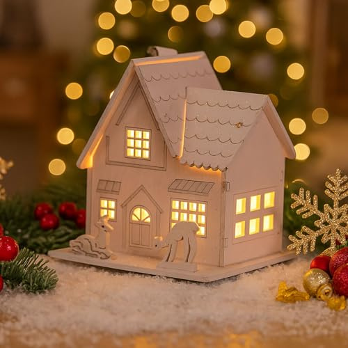 GZWY Weihnachtsdorf mit Beleuchtung, Weihnachtsdeko Holz Innen Weihnachtshäuser, Weihnachten Deko Lichthaus mit LED Licht, Weihnachtshaus Beleuchtet Weihnachtsdorf Häuser Deko Weihnachten Innen (B)