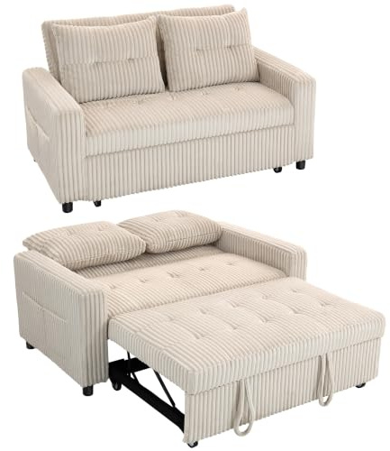 HOMCOM Schlafsofa 2-Sitzer Sofa 157 x 190 cm mit Schlaffunktion Cremeweiß | Verstellbare Rückenlehne, mit Kissen, Kordoptik, Seitentasche, für Wohnzimmer
