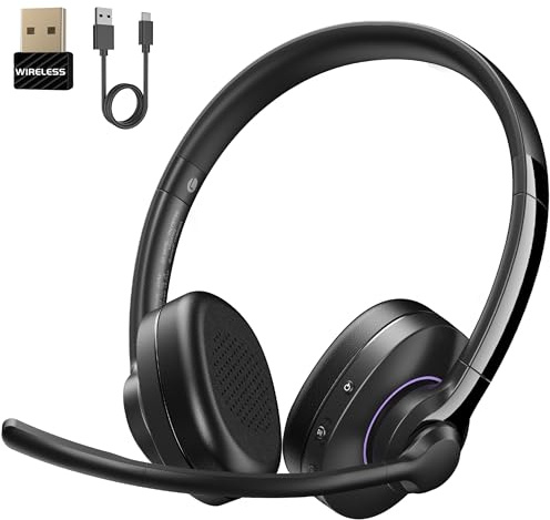 Masajoy Wireless Headset with Mic for Work, Headset Wireless Bluetooth V5.3 with AI Noise Cancelling Microphone with USB Dongle & Mic Mute for Computer PC Laptop Remote Work Home Office (Black)