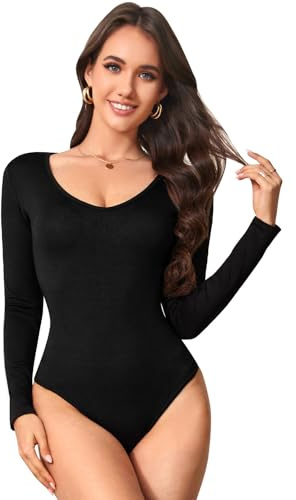 MYSSUCI Bodysuit Long Sleeve Bodysuits for Women UK V-Neck Stretch Fitted Body Suits Tops with Snap Crotch Body Suit for Casual Going Out