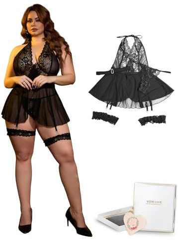 sunshinelady Ensemble Lingerie Sexy Femme Grande Taille – Nuisette Dentelle Transparente avec Porte-Jarretelles, Ceinture Strass & String, Tenue Chic Romantique