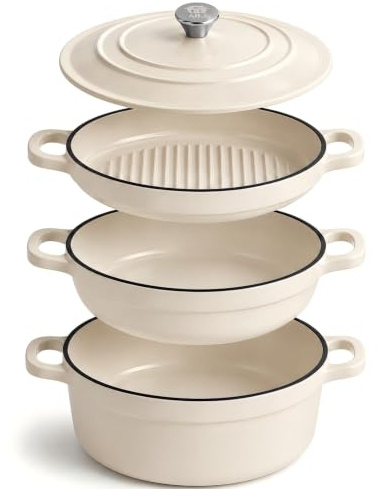 AHJ Gusseisen Topfset Emailliert, 4-teilig Dutch Oven,Induktion, 25cm,Weiß | 4,5 L Brotbacktopf, 2,5 L Bräter & 1,2 L Grillpfanne, stapelbar, Induktion, bis 260 °C, Rezept- & Pflegeheft