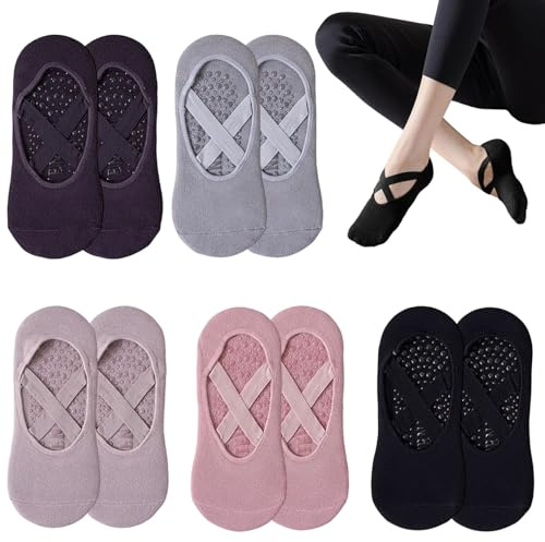 JrnSvp Pilates Socken, Yoga Socken 5 Paar, Anti Rutsch Socken Damen, Stoppersocken für Damen für Yoga Pilates Training, Barre, Tanz, Fitness, Einheitsgröße 36-39