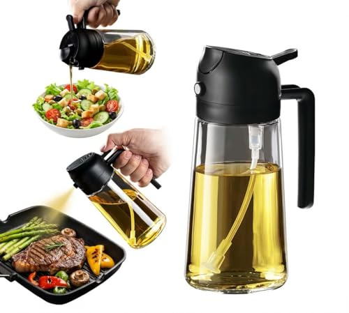 Genérico Pulverizador de Aceite en Spray para Cocinar – Botella Dispensadora de Aceite de Oliva 2 en 1 de Vidrio 470 ml para Cocina Saludable, Freidora de Aire, Ensaladas y Parrilla - Negro