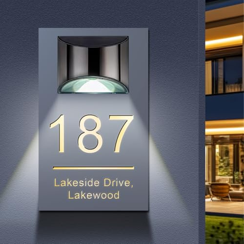 Plaque Numéro de Maison Solaire Personnalisée avec LED – Enseigne Adresse Extérieure Moderne Étanche, Numéro Lumineux pour Jardin, Cour et Entrée (Gris)