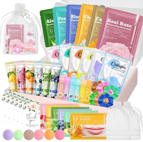 Presentset, presentset för kvinnor, skönhetsset med handkräm-set, läppmask, ögondyna, ansiktsmask, läppbalsam, tackkort, organzapåsar, badbollar, scrunchies, 54 stycken