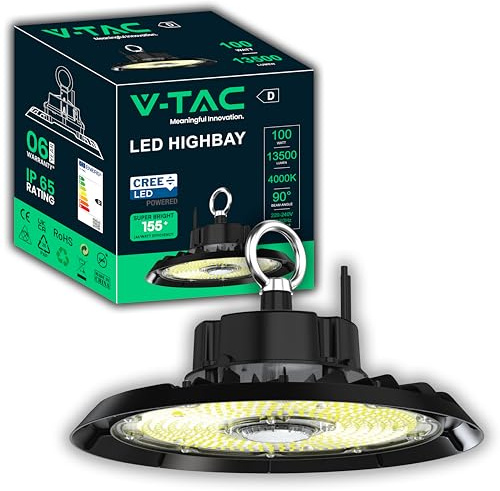 V-TAC Lámpara de Alta Bahía LED - Proyector Industrial UFO 100W - [CHIP CREE LED - AHORRO ENERGÉTICO] - 13500 lm para Almacén, Fábrica, Taller - IP65 - Campana - Blanco Neutro 4000K
