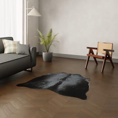 Wildlife Design Mini Kuhfell Teppich Echtfell Schwarz ca. 150x140 cm Kompakt Nachhaltig Tierfreundlich Gratis Lederuntersetzer