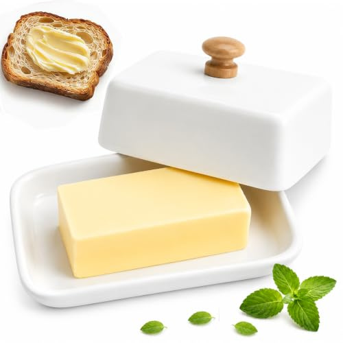 Yieson Butterdose Keramik mit Deckel und Griff, Butterglocke für 250g Butter, Butterdose Porzellan, für Kühlschrank & Tisch, spülmaschinenfest (Weiß)