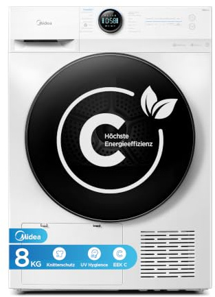 Midea Serie V5 Wärmepumpentrockner 8kg Energieklasse C SmartDry MDV5EH80WBC | App-Steuerung, Startzeitvorwahl, 30' Schnelltrocknung, UV-Desinfektion mit Milbenentfernung, Knitterschutz, Inverter-Motor