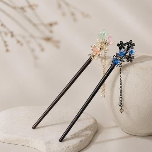 2pcs Hair Sticks Chinese Hair Pin Wooden Hair Sticks (B-Pink) | Traditional Hanfu Hair Accessories, 20cm Long Wooden Hair Chopsticks for Thick Long Hair (2 Styles)