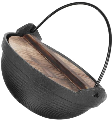 SEWACC Pot à Sukiyaki en Fonte Poignée Suspendue en Bois Naturel, Casserole de Camping Multifonction pour Activités de Plein Air, pour Cuisson au Feu Ouvert