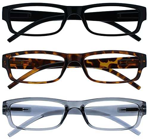 OPULIZE Occhiali da lettura unisex neri, marroni e grigi, leggeri e confortevoli, confezione da 3 occhiali da lettura da uomo misti (confezione da 1)