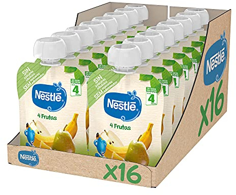 Nestlé Papillas Bolsita de puré de frutas, Variedad 4 Frutas, Para bebés a partir de 4 meses, 90 g (Paquete de 16)