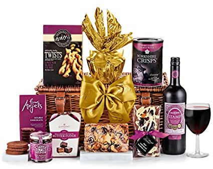 Premium Red Wine Gift Set - Chalford Red Wine Hamper in Handmade Wicker Picnic Basket - Chocolate Biscuits, Plum Chutney, Fruit Cake - Gifts for Birthdays and Celebrations, from Regency Hampers
