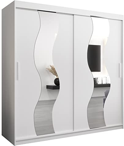 MEBLE KRYSPOL Sewilla 200 Schlafzimmerschrank mit Zwei Schiebetüren, Spiegel, Kleiderstange und Regalen – 200x200x62cm - Mattweiß