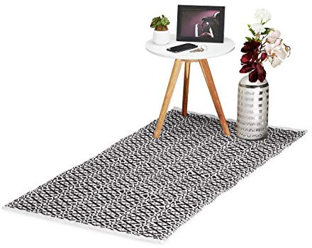 Relaxdays Teppich Läufer, handgefertigt, Baumwolle, Flurteppich Rautenmuster, rutschfest, 70 x 140 cm, schwarz-weiß