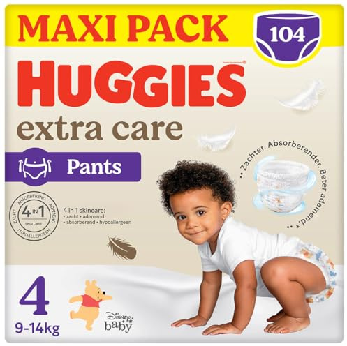 HUGGIES Extra Care - Culottes Taille 4 (9/14kg) - Pack de 104 couches-culottes - facile à mettre et à enlever ultra-doux - matériaux absorbants et respirants - hypoallérgénique