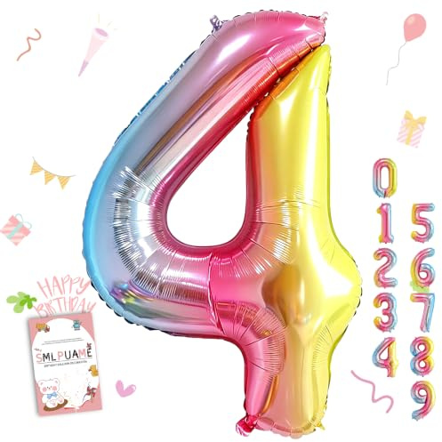 Smlpuame 102cm Folienballon Zahlen Luftballon 0-9 Geburtstag Regenbogen Farbverlauf, Große 4 Ballons für Geburtstagsfeier Feierdekorationen, Heliumfolien Zahlenballons für Hochzeitstag