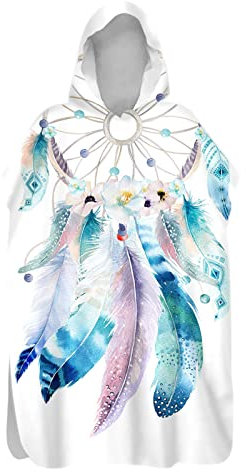 Chickwin Badeponcho mit Kapuze, 3D Traumfänger Surf Poncho Umkleidehilfe Strand Handtuch Mikrofaser Badetuch Schnelltrocknend Strandtuch für Herren Damen Kinder (Blaue Feder,75x145cm)