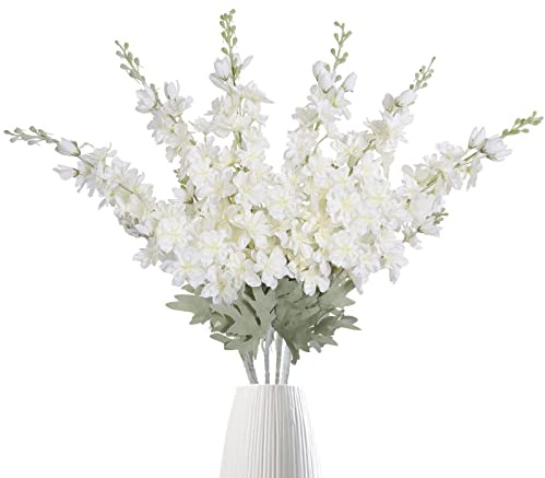 IPOPU 6 pcs White Delphinium Artificial Flowers Larkspur Artificial Flowers, 33.5 in Fake Flowers Bulk Silk Flowers with Stems Real Look for Home Garden Wedding Arrangement Decor(White)