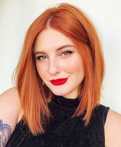 PORSMEER Orange Kurze Bob Perücke Gerade Glatt Natürliche Synthetische Haar Mode Perücke mit Mittelscheitel für Frauen Mädchen täglich oder Halloween Cosplay Party Kostüm
