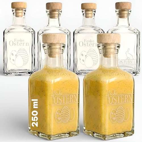 gouveo 6er Set Glasflaschen 250 ml (0,25 l) Glasflasche 250 ml Cube eckige Klarglasflasche mit Gravur „Frohe Ostern“ Motiv-Mix, Korkenverschluss Holzgriffkorken (HGK)