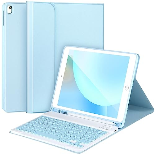 Custodia con tastiera per iPad 9/8/7a generazione da 10,2, con tastiera iPad da 10,2, tastiera Bluetooth staccabile per iPad 10.2, custodia per tastiera iPad 9a generazione con portamatite, blu