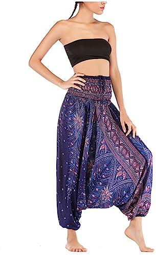 Camilife Damen Haremshose Goa Hose Yoga Hose Pluderhose Aladinhose mit Tiefem Schritt Muckhose Freizeithose Pumphose Jumpsuit Hohe Taille Elastischer Bund Cool Two Way to Wear