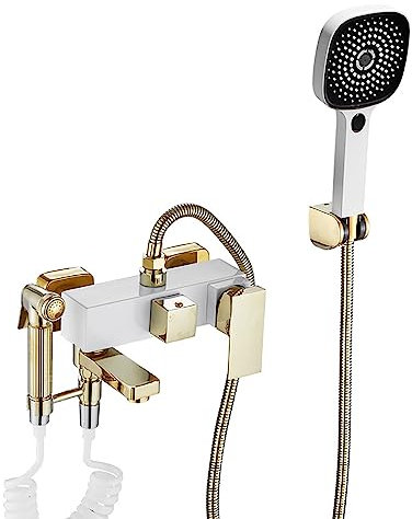 SWHC Mischbatterie Badewanne, Badewannenarmatur mit Handbrause 2 Funktione und Bidet Sprayer, 180° Drehen Badewannenarmatur, Wandmontage Wasserhahn Badewanne Weiss und Gold