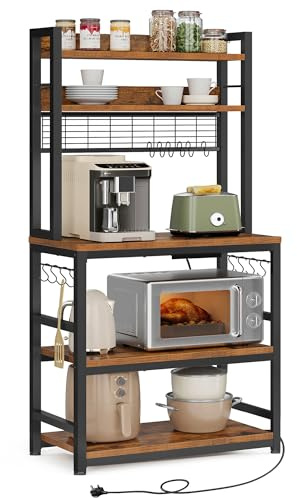 VASAGLE Kitchen Storage Rack with Power Outlet, Coffee Bar, Baker's Rack, with Metal Wire Panel, 14 Hooks, for Microwave, Steel Frame, 40 x 80 x 170 cm, Rustic Brown and Ink Black KKS025K01