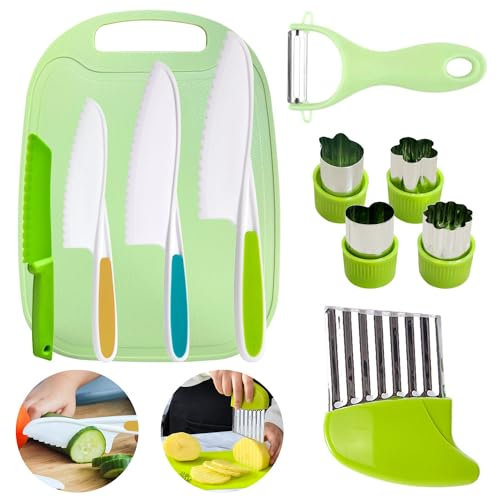 Kindermesser set, Kinder Küchenmesser mit Schneidebrett Y-Schäler Crinkle Cutter, Messerset Kinder, Küchenmesser Kinder, Messer für Kinder Geeignet zum Schneiden von Lebensmitteln Obst Gemüse (Grün)