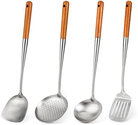 FJNATINH Wok-Pfannenwender,Schöpflöffel, Schaumlöffel und Spachtel Werkzeugset, 43,2 cm, 4PCS Wok Schaufel Set, 304 Edelstahl