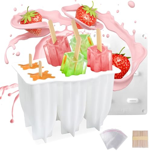Eisformen Eis am Stiel,Wassereis Formen,Eisformen Silikon für Stieleis,Eis Selber Machen Formen,6 DIY Wiederverwendbar Popsicle Formen Eisform für Kinder und Erwachsene (Weißer-Eispickel)