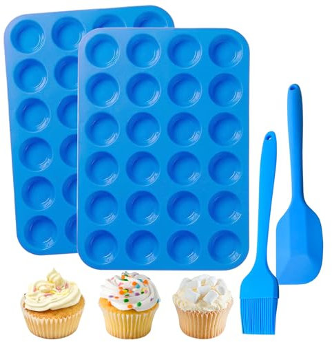 Mini Muffin Pan, 2Pcs Silicone Cookies Cupcake Bakeware Tin, Small Cupcake Cases Mould with 2 Brushes, Bakeware Pan Tray Mould for Cupcakes Brownies Muffins Pudding(2x24 Cups)