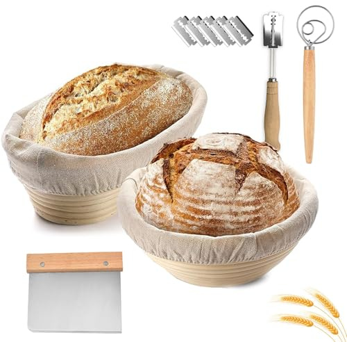 Bread Proofing Basket,2 PCS 10in Banneton Proving Bowl,100% Natural Rattan | Brotform Rising Bowl,for Professional Home Bakers,750g Dough Sourdough,Linen Cloth Liner,Dough Scraper/Whisk,Round & Oval