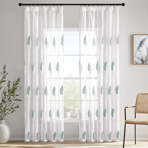 MIULEE Gardine Stickerei Blattmuster 2er Set B140 H225 Türkis-Weiß | Transparente Gardine mit Stickerei Blattmuster und Kräuselband, modernes Dekor für Wohnzimmer und Schlafzimmer