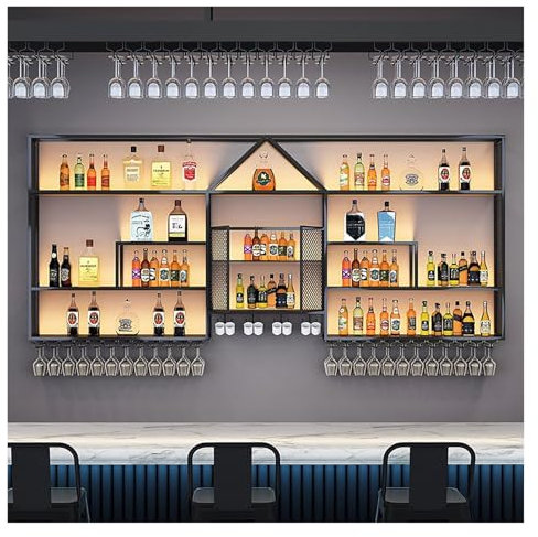 Weinregal Wand Mit Beleuchtung, Industrielles Weinregal Zur Wandmontage, Bar Regal Wand, Weinglashalter Flaschenhalter Wand, Barregale Für Spirituosenflaschen, Für Küche Wohnzimmer Zuhause(Black,250*2