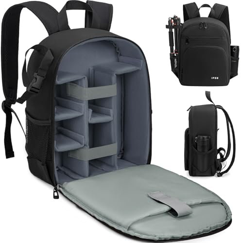 IPEB Sac à dos pour appareil photo avec support trépied - Étanche - Anti-vol - Pour appareil photo reflex numérique et reflex numérique sans miroir Nikon, Sony, Canon, noir/gris, taille unique