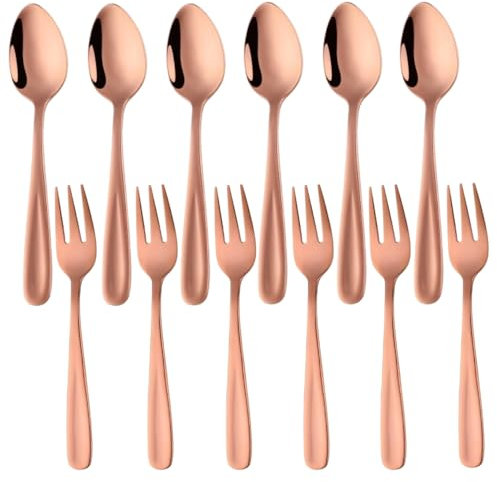 TEAHAHA 5.4 inch Stainless Steel Teaspoons Espresso Spoons and Dessert Forks Set, Set of 12，6 Forks and 6 Spoons, for Salad, Appetizer, Cake,Fruit (Rose Gold)