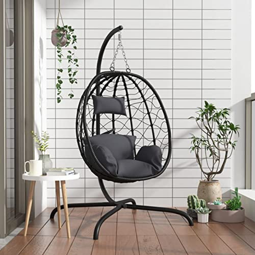 Somanki Hängesessel Ei mit Kissen, Garten Möbel, Hängesessel Outdoor, Jugendzimmer, Hängestuhl, Hanging Chair, Liebesschaukeln, Hängeschaukel Outdoor, Anthrazit Poly Rattan & Stahl