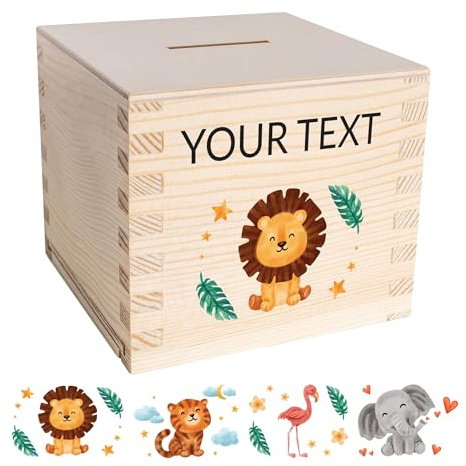 Creative Deco Holz Spardose Kinder Sparbüchse Personalisiert 9,5x9,5x9cm | (+/- 0,5 cm) | Sparschwein Sparbox Holzbox | Rohes Kiefernholz | Perfekt als Taufgeschenk